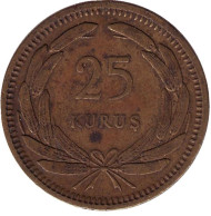 Монета 25 курушей. 1949 год, Турция.