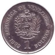 Монета 1 боливар. 1989 год, Венесуэла. (Тонкий шрифт) Монета 1 боливар. 1989 год, Венесуэла. (Тонкий шрифт)