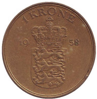 Монета 1 крона. 1958 год, Дания. Монета 1 крона. 1958 год, Дания.