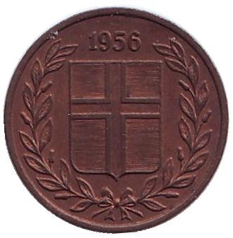 Монета 1 аурар. 1956 год, Исландия.