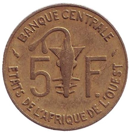 Монета 5 франков. 1982 год, Западные Африканские Штаты. Монета 5 франков. 1982 год, Западные Африканские Штаты.