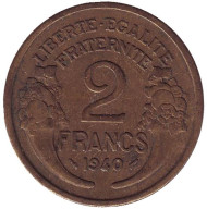 Монета 2 франка. 1940 год, Франция. Монета 2 франка. 1940 год, Франция.