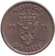 Монета 50 эре. 1954 год, Норвегия. Редкая. Монета 50 эре. 1954 год, Норвегия. Редкая.