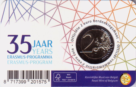 Монета 2 евро. 2022 год, Бельгия. 35 лет программе Эразмус. (Надпись: Belgique).