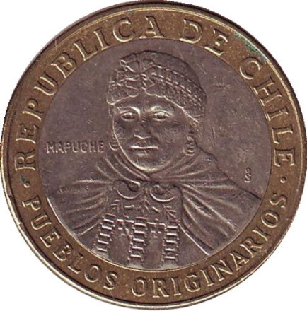 Монета 100 песо. 2012 год, Чили. Индеец Мапуче.