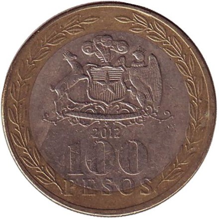 Монета 100 песо. 2012 год, Чили. Индеец Мапуче.