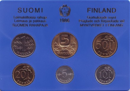 Набор монет Финляндии (6 шт), 1986 год, Финляндия. (в банковской упаковке)