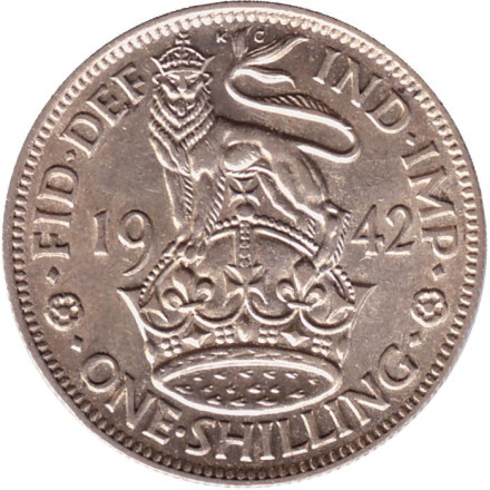 Монета 1 шиллинг. 1942 год, Великобритания. (Герб Англии).