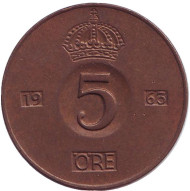 Монета 5 эре. 1963 год, Швеция. Монета 5 эре. 1963 год, Швеция.
