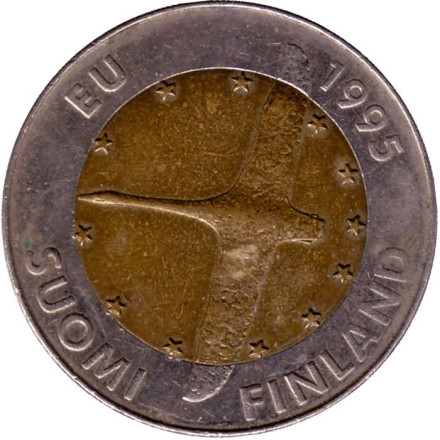 Монета 10 марок. 1995 год, Финляндия. Лебедь. Европейский союз. Из обращения.