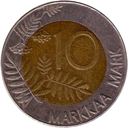 Монета 10 марок. 1995 год, Финляндия. Лебедь. Европейский союз. Из обращения. Монета 10 марок. 1995 год, Финляндия. Лебедь. Европейский союз. Из обращения.