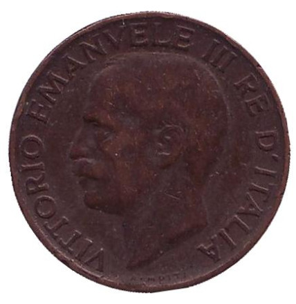 Монета 5 чентезимо. 1936 год, Италия. Колос пшеницы. Виктор Эммануил III. (Старый тип).