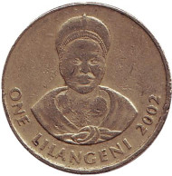 Монета 1 лилангени. 2002 год, Свазиленд. Король Мсавати III. Дзелигве Шонгве. Монета 1 лилангени. 2002 год, Свазиленд. Король Мсавати III. Дзелигве Шонгве.
