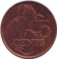 Монета 5 центов. 1998 год, Тринидад и Тобаго. Райская птица. Монета 5 центов. 1998 год, Тринидад и Тобаго. Райская птица.
