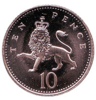 Монета 10 пенсов. 1996 год, Великобритания. Лев. BU. Монета 10 пенсов. 1996 год, Великобритания. Лев. BU.