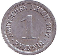 Монета 1 пфенниг. 1917 год (A), Германская империя. Монета 1 пфенниг. 1917 год (A), Германская империя.
