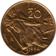 Монета 20 лир. 1994 год, Сан-Марино. Марино и Лео. Монета 20 лир. 1994 год, Сан-Марино. Марино и Лео.