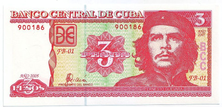 Банкнота 3 песо. 2005 год, Куба. Че Гевара.