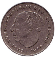 Монета 2 марки. 1972 год (D), ФРГ. Теодор Хойс. Монета 2 марки. 1972 год (D), ФРГ. Теодор Хойс.