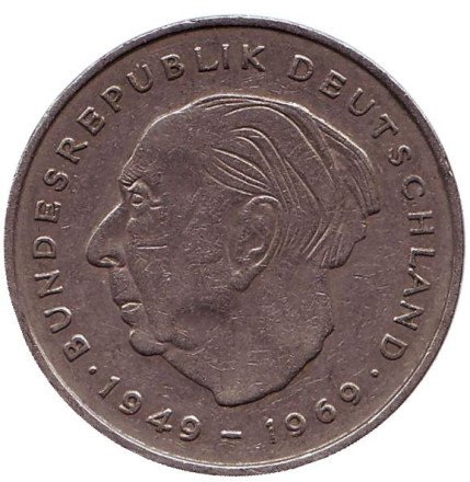 Монета 2 марки. 1972 год (D), ФРГ. Из обращения. Теодор Хойс.
