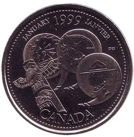 Монета 25 центов. 1999 год, Канада. Миллениум. Январь 1999. Развитие страны.