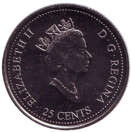 Монета 25 центов. 1999 год, Канада. Миллениум. Январь 1999. Развитие страны. Монета 25 центов. 1999 год, Канада. Миллениум. Январь 1999. Развитие страны.