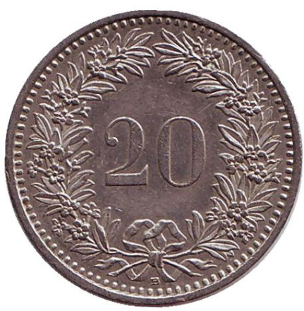 Монета 20 раппенов. 1992 год, Швейцария.