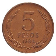 Монета 5 песо. 1984 год, Чили. Монета 5 песо. 1984 год, Чили.