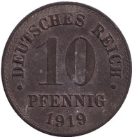 Монета 10 пфеннигов. 1919 год, Германская империя. Монета 10 пфеннигов. 1919 год, Германская империя.