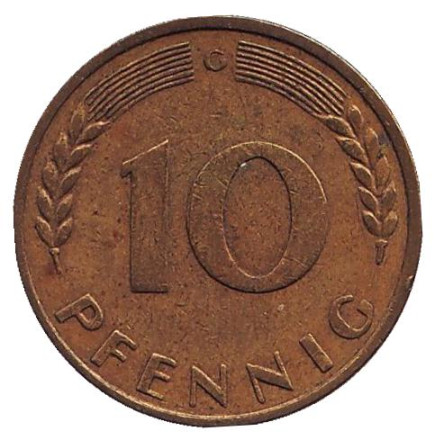 Монета 10 пфеннигов. 1970 год (G), ФРГ. Дубовые листья.