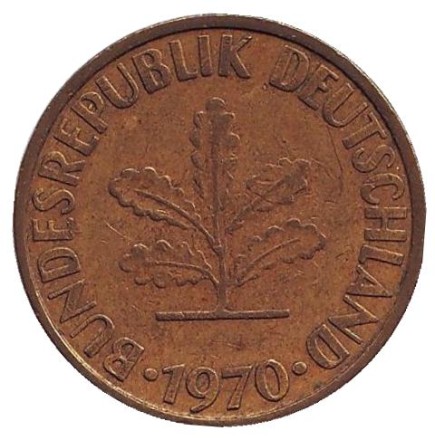 Монета 10 пфеннигов. 1970 год (G), ФРГ. Дубовые листья. Монета 10 пфеннигов. 1970 год (G), ФРГ. Дубовые листья.
