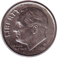 Монета 10 центов. 2004 (D) год, США. Рузвельт. Монета 10 центов. 2004 (D) год, США. Рузвельт.