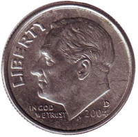 Рузвельт. Монета 10 центов. 2004 (D) год, США.
