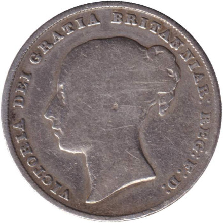 Монета 1 шиллинг. 1844 год, Великобритания. Королева Виктория. Монета 1 шиллинг. 1844 год, Великобритания. Королева Виктория.