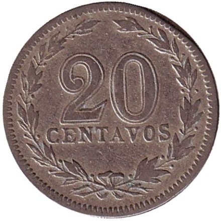 Монета 20 сентаво. 1928 год, Аргентина. Монета 20 сентаво. 1928 год, Аргентина.