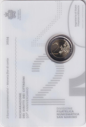 Монета 2 евро. 2024 год, Сан-Марино. 50 лет Декларации гражданских прав и правовой системы Сан-Марино. Монета 2 евро. 2024 год, Сан-Марино. 50 лет Декларации гражданских прав и правовой системы Сан-Марино.