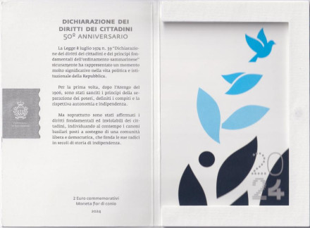 Монета 2 евро. 2024 год, Сан-Марино. 50 лет Декларации гражданских прав и правовой системы Сан-Марино. Монета 2 евро. 2024 год, Сан-Марино. 50 лет Декларации гражданских прав и правовой системы Сан-Марино.