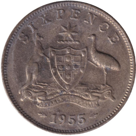 Монета 6 пенсов. 1955 год, Австралия.