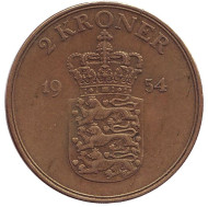 Монета 2 кроны. 1954 год, Дания. Фредерик IX. Монета 2 кроны. 1954 год, Дания. Фредерик IX.