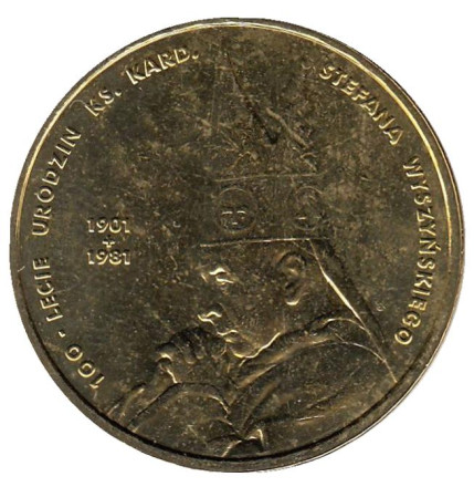 Монета 2 злотых. 2001 год, Польша. 100-я годовщина со дня рождения Кардинала Стефана Вышинского.