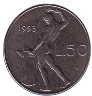 Монета 50 лир. 1993 год, Италия. Бог огня Вулкан у наковальни. Монета 50 лир. 1993 год, Италия. Бог огня Вулкан у наковальни.