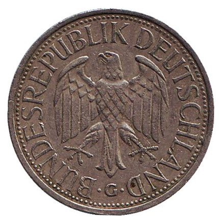 Монета 1 марка. 1989 год (G), ФРГ. Монета 1 марка. 1989 год (G), ФРГ.