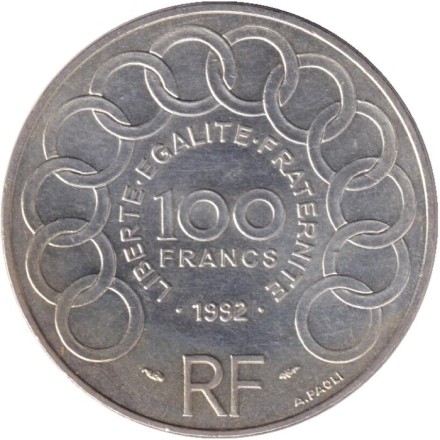 Монета 100 франков. 1992 год, Франция. Жан Монне. Монета 100 франков. 1992 год, Франция. Жан Монне.