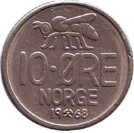 Монета 10 эре. 1968 год, Норвегия. Пчела.
