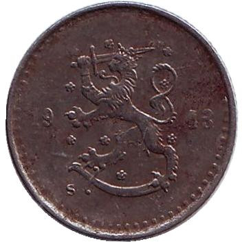 Монета 25 пенни. 1943 год, Финляндия. (Железо).