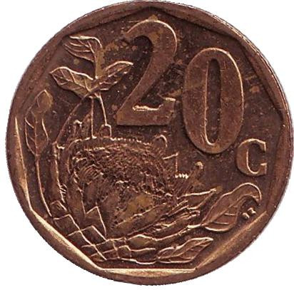 Монета 20 центов. 2010 год, ЮАР. Цветок протея.