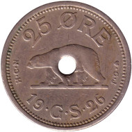 Монета 25 эре. 1926 год, Гренландия. (с отверстием) Белый медведь. Монета 25 эре. 1926 год, Гренландия. (с отверстием) Белый медведь.