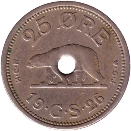 Монета 25 эре. 1926 год, Гренландия. (с отверстием) Белый медведь.