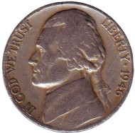 Монета 5 центов. 1946 год (D), США. Джефферсон. Монтичелло. Монета 5 центов. 1946 год (D), США. Джефферсон. Монтичелло.