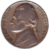 Джефферсон. Монтичелло. Монета 5 центов. 1946 год (D), США.